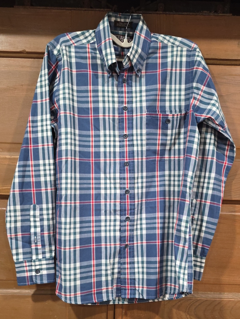 Men's Button-Down Plaid Dress Shirt in Blue, White & Red